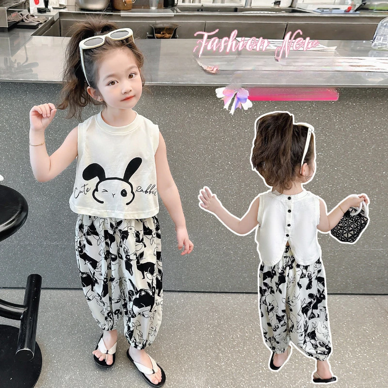 Girls Full Print Rabbit Pants Set Summer New Girls Sleeveless Top + Thin Trousers Casual Two-piece Set