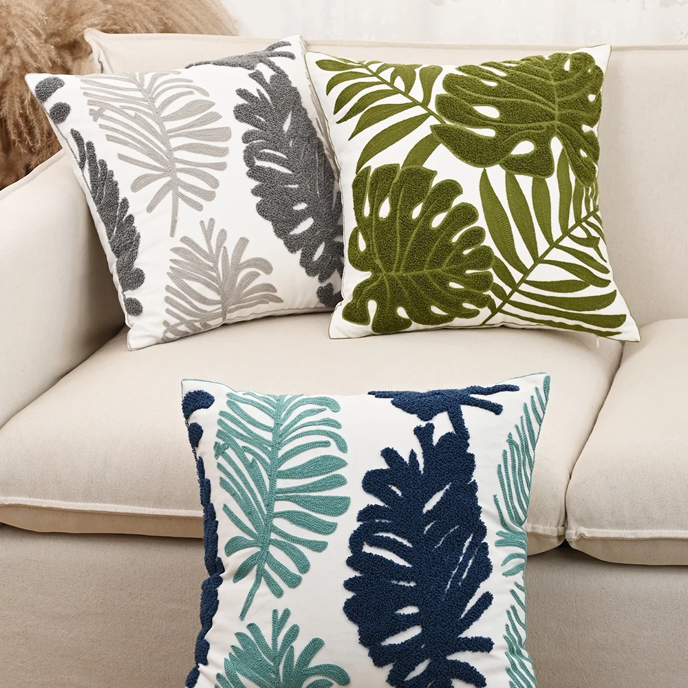 BUYNOW Blatt bestickter Kissenbezug, 45 x 45 cm, beliebtes nordisches Kissen aus reiner Baumwolle, Wohnzimmer, Sofa, Kissen, Kissenbezug, Dekor – Detail 2