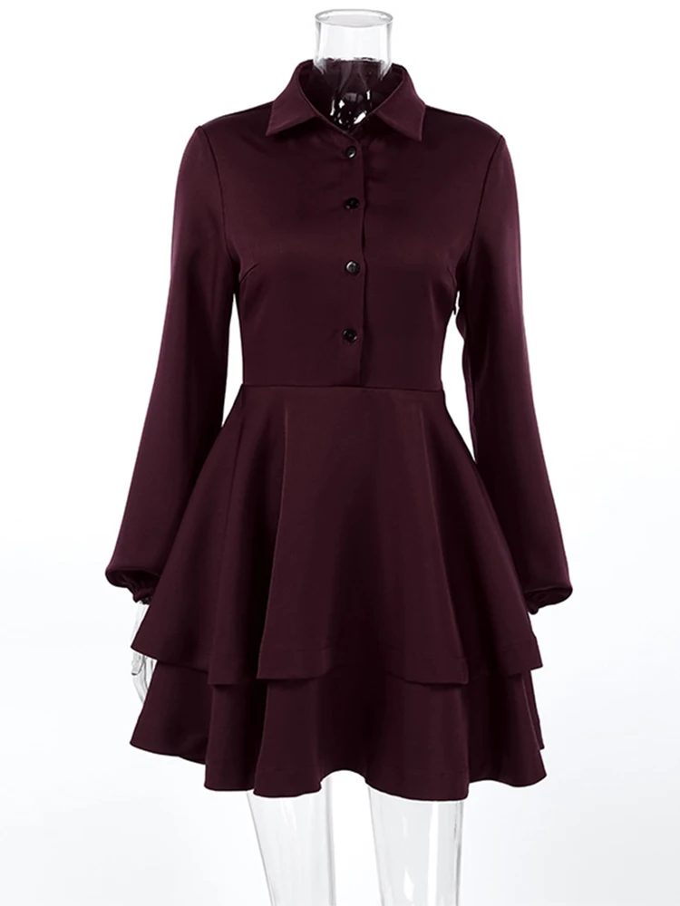 Trendix Mini abiti retrò eleganti solidi Colletto della camicia alla moda Bottoni patchwork Abiti corti Abito casual vintage con volant