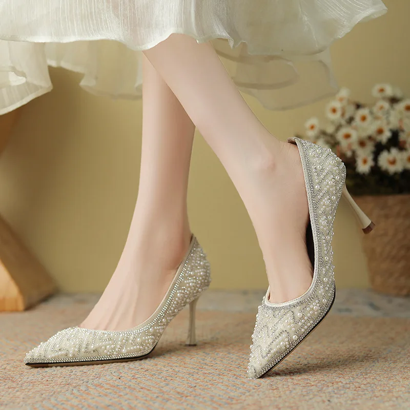 

Rhinestone Pearls Beige Wedding Bride Luxury Women's Shoes Pointed Toe Slip On Shallow Pumps Chaussure Femme Stiletto High Heels