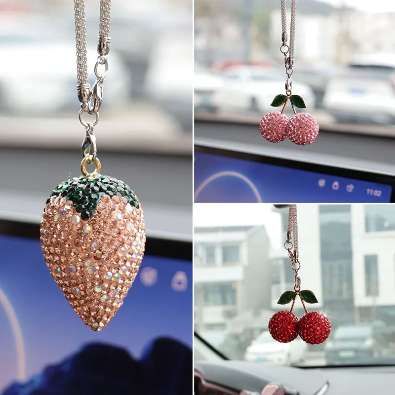 

Cute Cherry Strawberry Car Interior Rhinestone Pendant Car Decoration Products Creative Miniature Ornament Accessories Toys