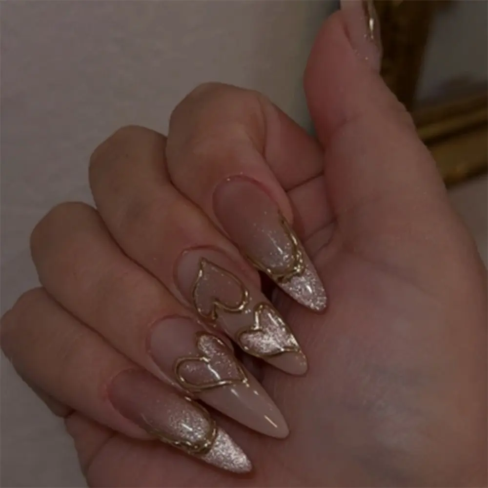 30 pièces longs amande Stiletto faux ongles français scintillant strass faux ongles violet amour coeur détachable presse sur les ongles femmes