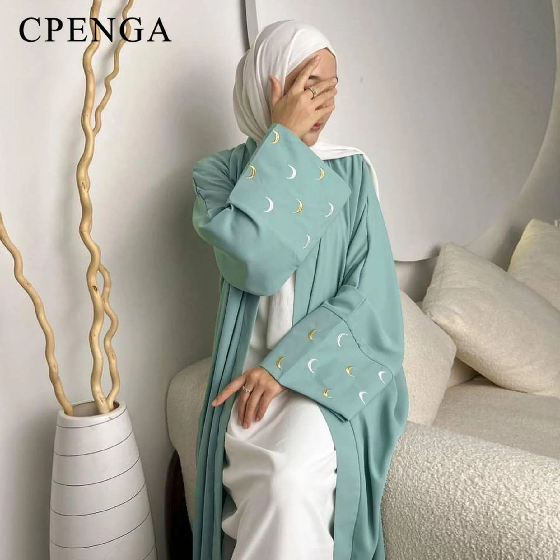 2024 New Moon Embroidered Dubai Open Abaya Muslim Women Cardigan Turkey Elegant Robe Islam Long Coat Modest Abaya