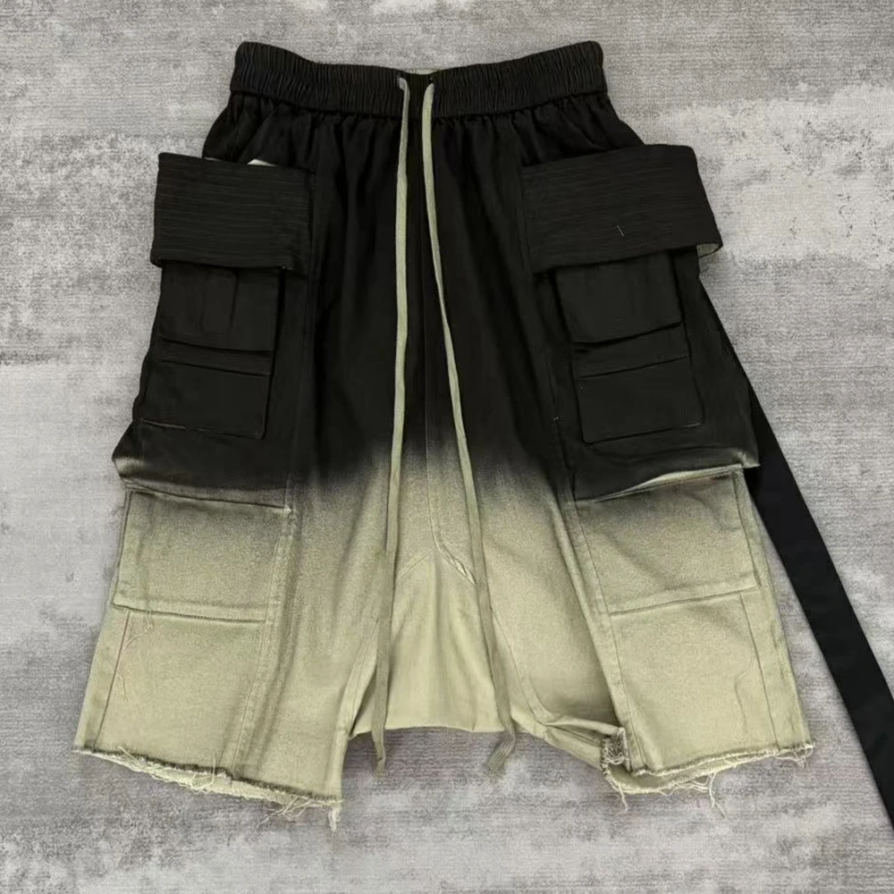 High Street 24SS RO Dark Shorts Men's Gradual Color  Wash Water Loose Double Loop Hanging Shorts Five Quarter Pants Haren Pants