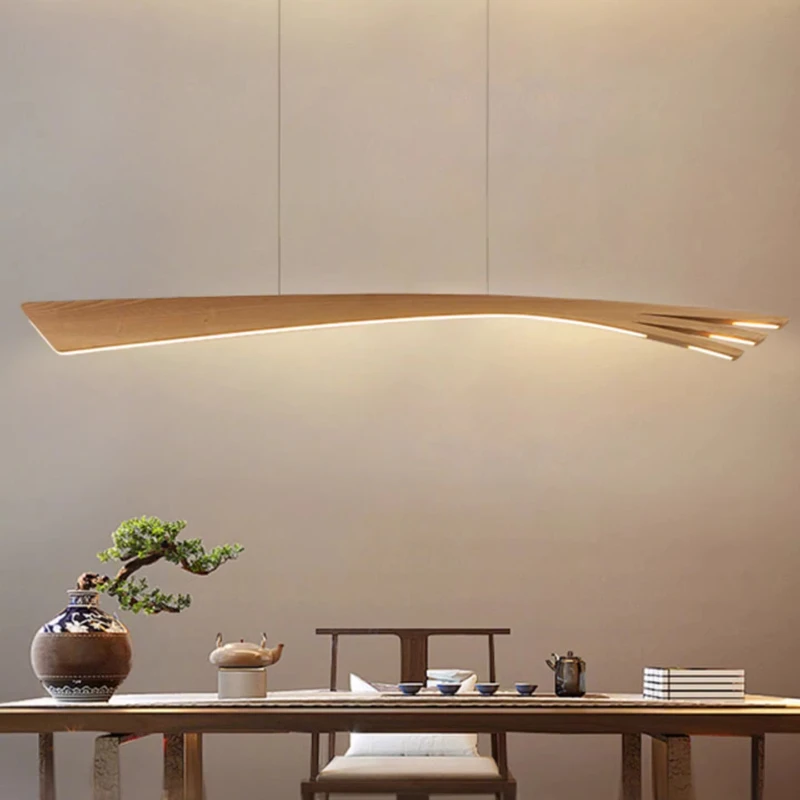 Retro Walnut Wood Grain Long Strip Pendant Light LED Restaurant Bar Counter Kitchen Island Loft Artistic Creativity Hanging Lamp
