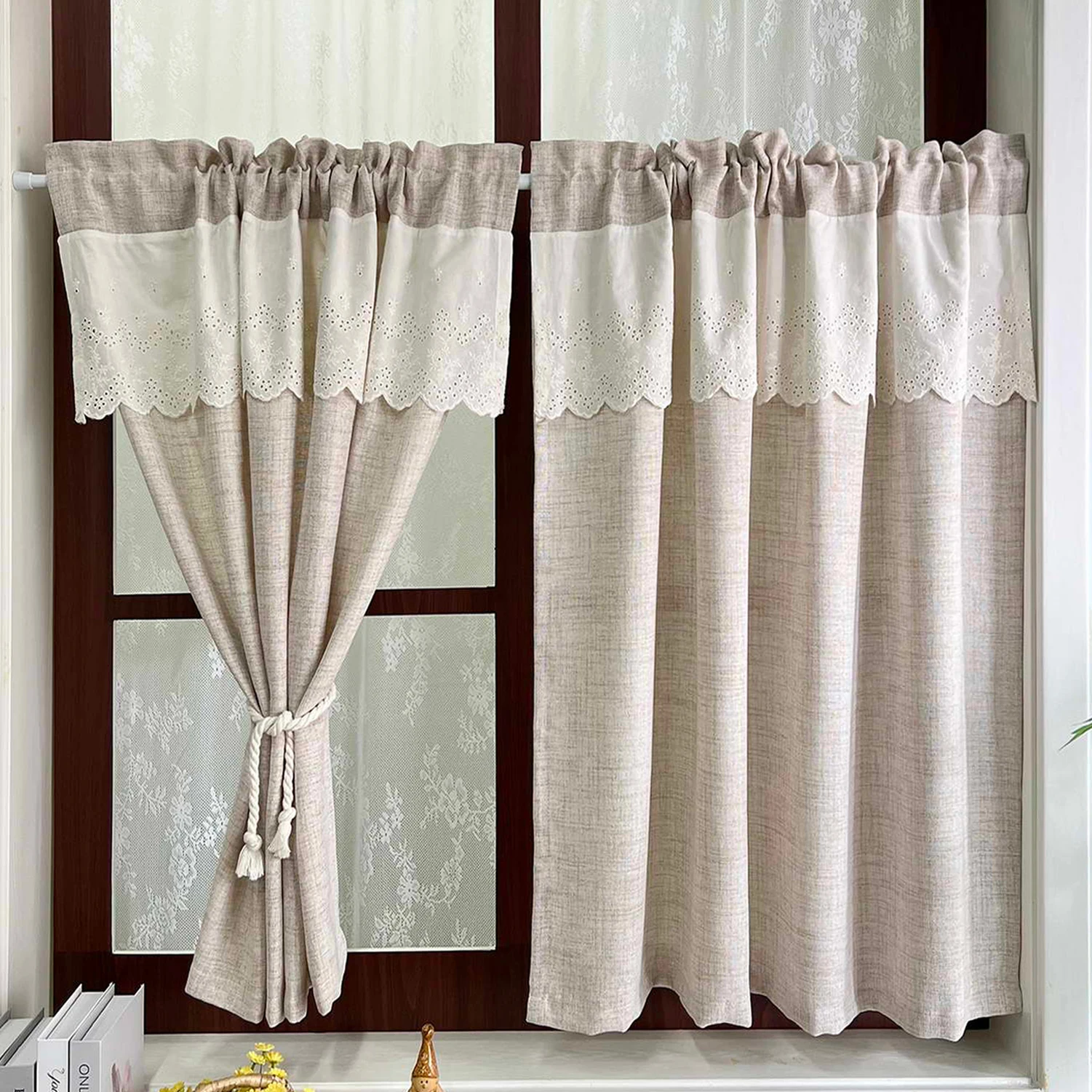 

Cabinet Door Dustproof Drapes Beige Lace Interior Tulle Half Curtain Sheer For Kitchen Window Door Livingroom Modern Home Decor