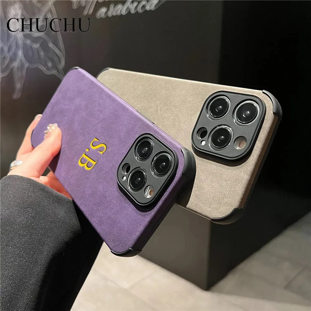 Case For iPhone 16 15 14 13 12 Pro Max Personalized Name Luxury Lamskin Matte Leather Custom Initials DIY Engraved Cover 11 Pro