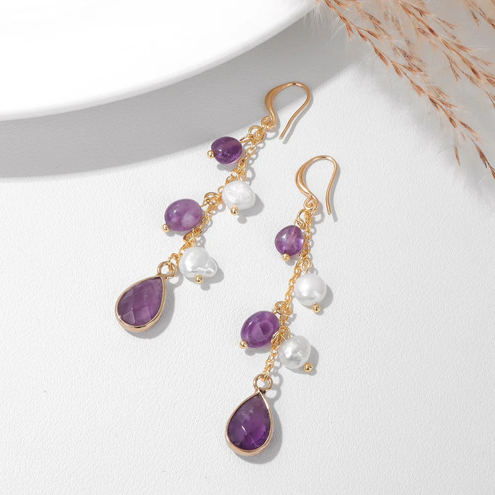Natural Stone Long Dangle Earring Amethyst Lapis Lazuli Agates Pearl Pendent Earring Fashion Party Friendship Jewelry Gift