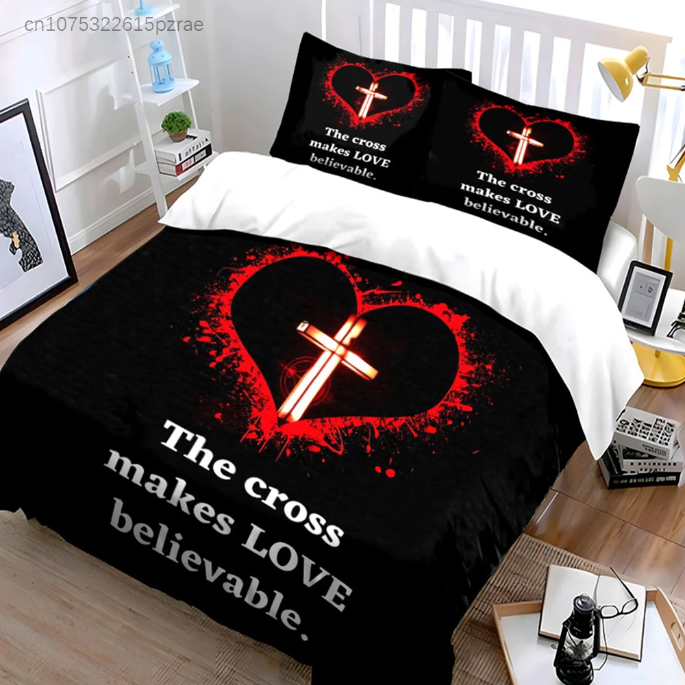 Christian Cross Print Three-Piece Set Decoration Multiple Sizes kid's And adults' Bedroom Exquisite 3PC Bedding set, Gift