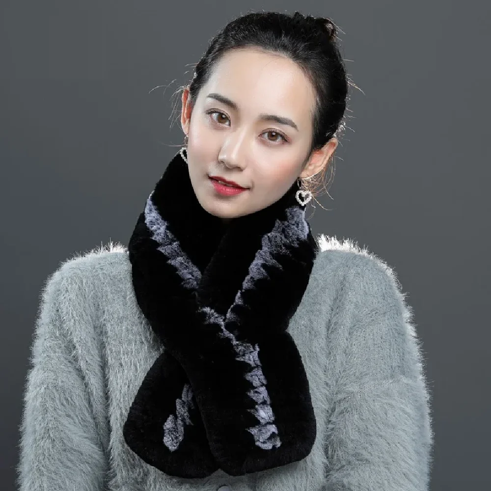 

Women Real Rex Rabbit Fur Scarf Winter Warm Neckerchief Wraps Fluffy Soft Black Grey Brown