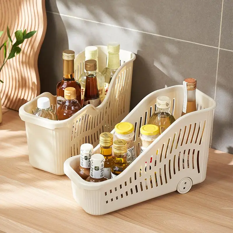 ~Plastic Storage Basket With Wheels And Handle Slanted Open Design Organizer Bin For Books Stationery And Household Items