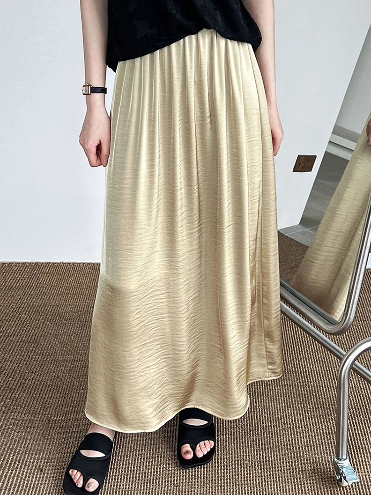 [LANMREM] Elegant Satin Design Skirt Women Elastic High Waist Office Lady Loose A-line Mid-length Skirt 2024 Autumn New 26D9761