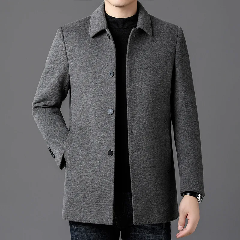 

Натуральное мужское высококачественное двустороннее кашемировое пальто для мужчин среднего возраста, повседневная шерстяная ветровка с подкладкой из гусиного пуха
