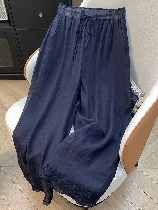 Pantaloni estivi nuovi ricamati a doppio strato a gamba larga Pantaloni casual dimagranti Dstring in vita elastica per donne taglie forti