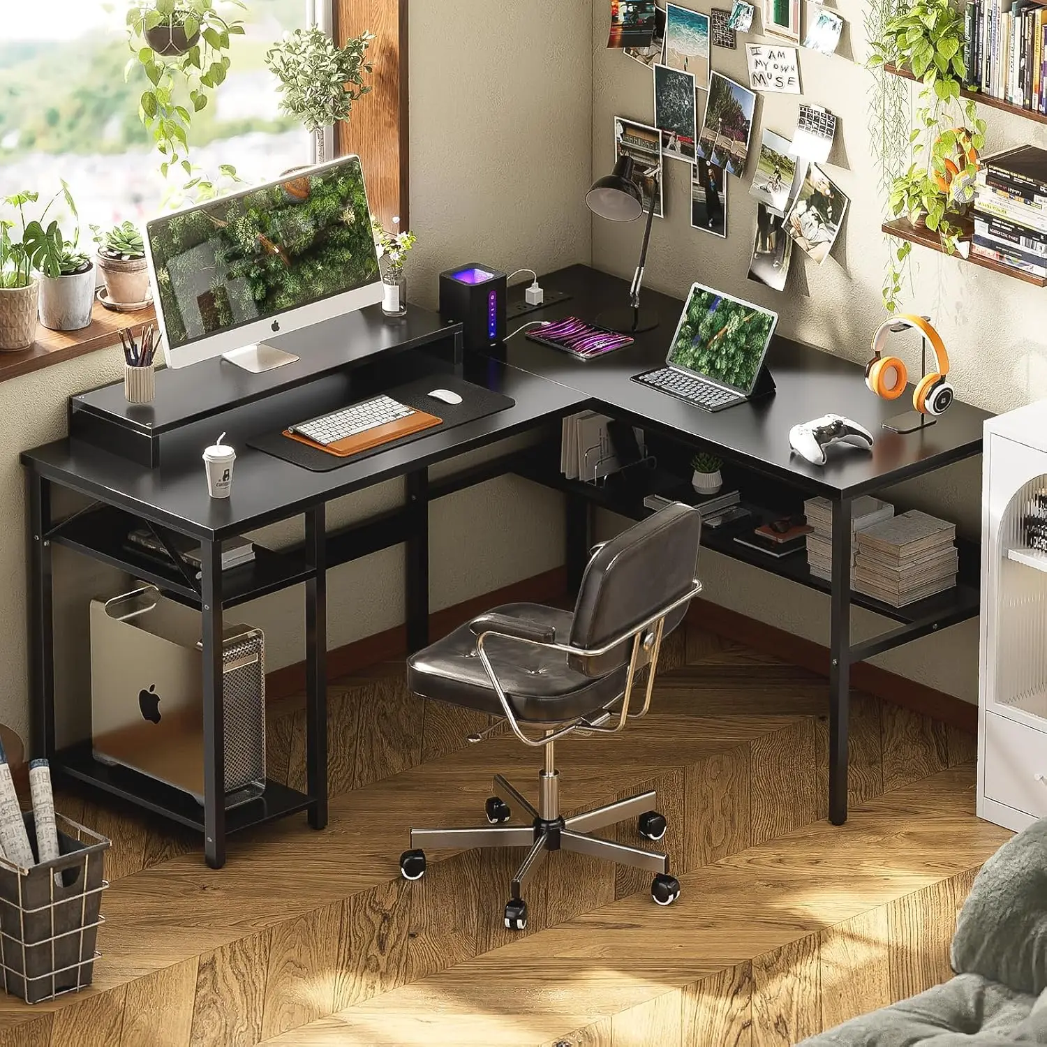 Reversible L Shaped Desk Magic Power Outlets Smart LED Light Sturdy Corner Computer Desk Monitor Stand Storage Shelves Gaming Ta