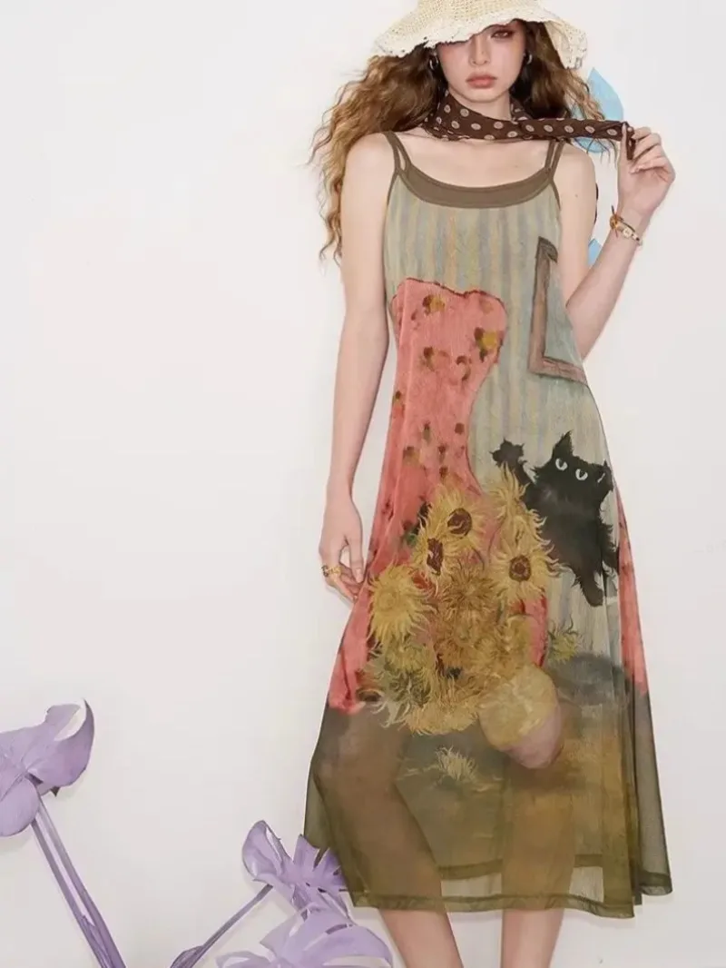 New Summer Fashion Flower Printed Dress Women O-neck Sleeveless A-line Thin Camisole Sling Dresses Vestidos 2 Piece Set