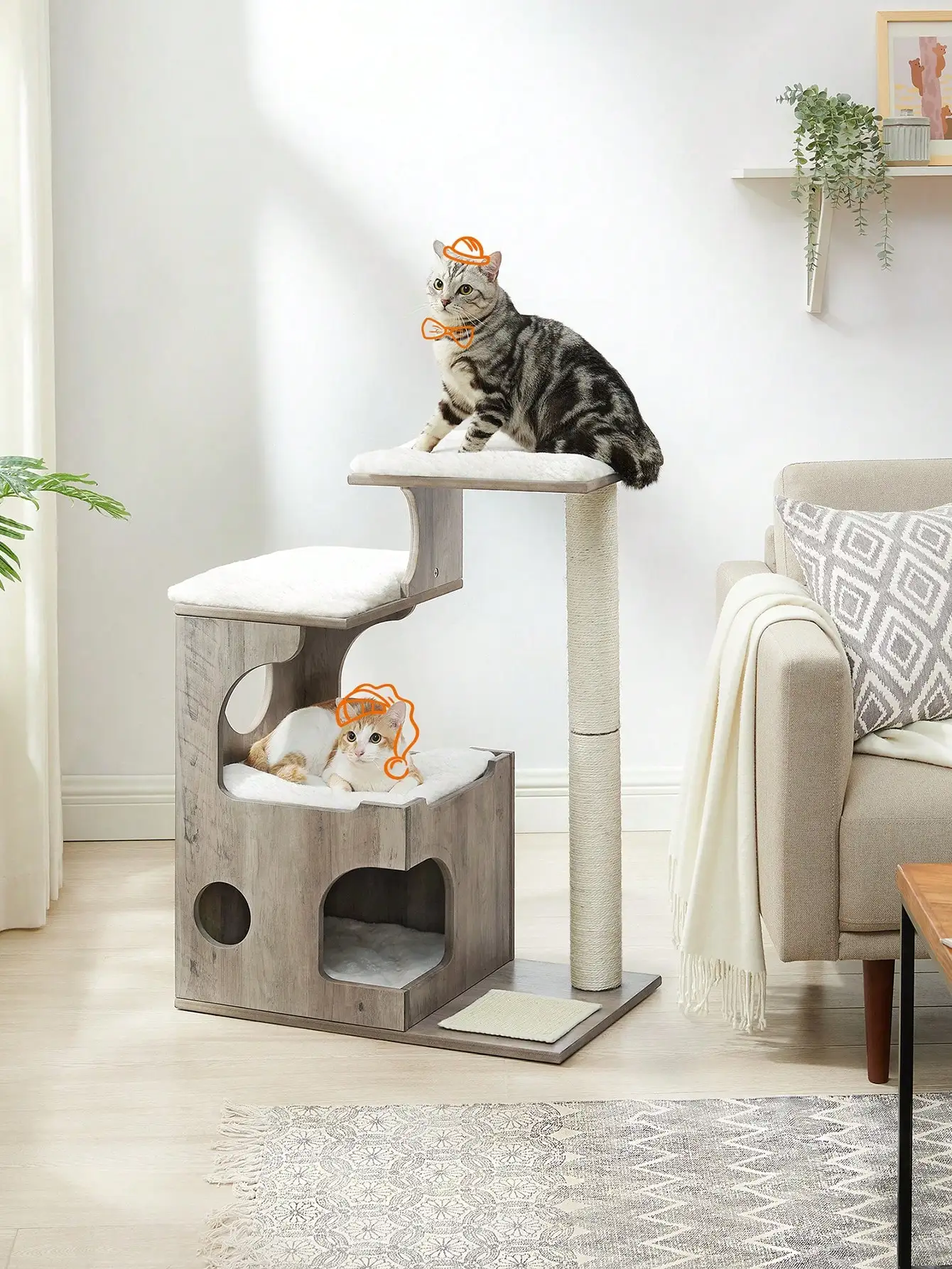 Feandrea WoodyWonders Cat Tree: 86cm Modern Tower with Cat Cave, 3 Perches, Scratching Post, Washable Plush Cushions