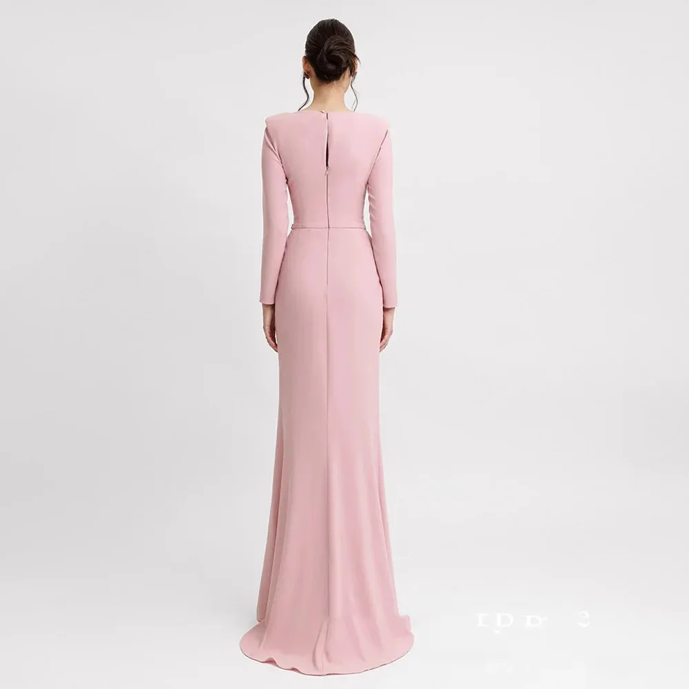 Robe de Soirée Sirène Rose à Manches sulfet Col Rond, Tenue Élégante avec Perles, pour Occasions Formelles, Bal de Promo, SY005