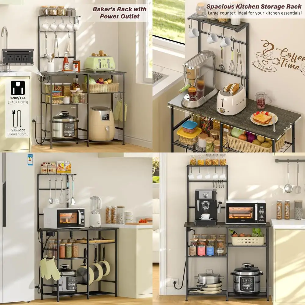 

Серый 6-ярусный кофейный стеллаж с розеткой и 10 крючками для хранения на кухне