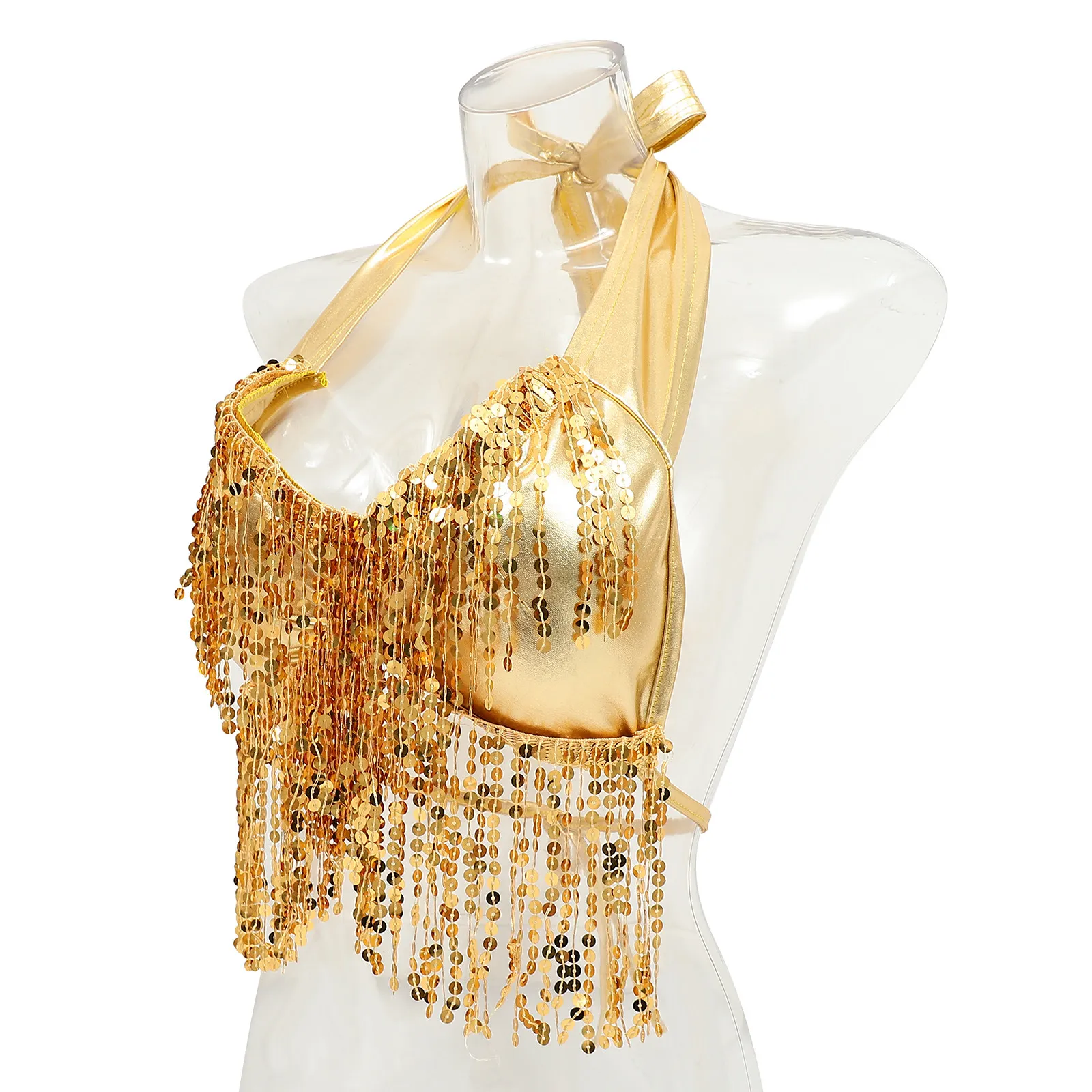 

1 шт. блестящий золотой топ для восточных танцев с пайетками и бахромой, регулируемый бюстгальтер для женщин, для выступлений на сцене, вечеринок и клубов