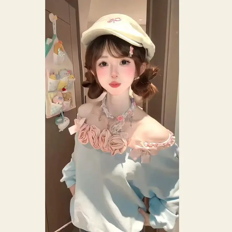 

Японский свитшот с розой, нишевый легкий роскошный топ, осенне-зимний новый милый французский свитшот с наклонными плечами и розой