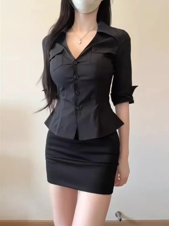 

Elegant Slim Fit Women's Fashion Set Black Long Sleeve Shirt And High Waist Skirt V Neck Button up Polyester Fiber