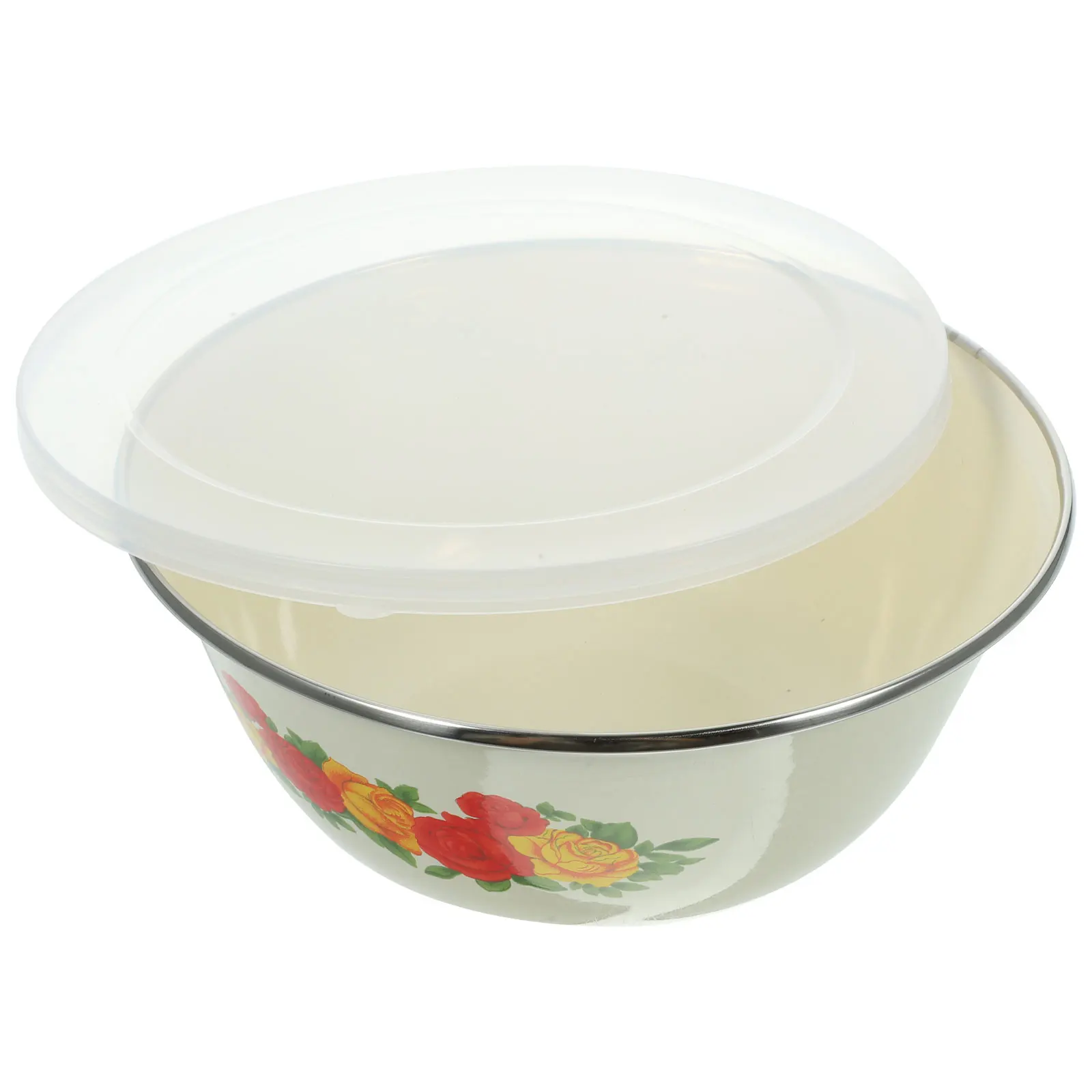 

1Pcs Vintage Iron Enamel Bowl Beige Retro Storage Bowl with Lid Thick Bottom Soup Salad Food Serving Kitchen Utensil