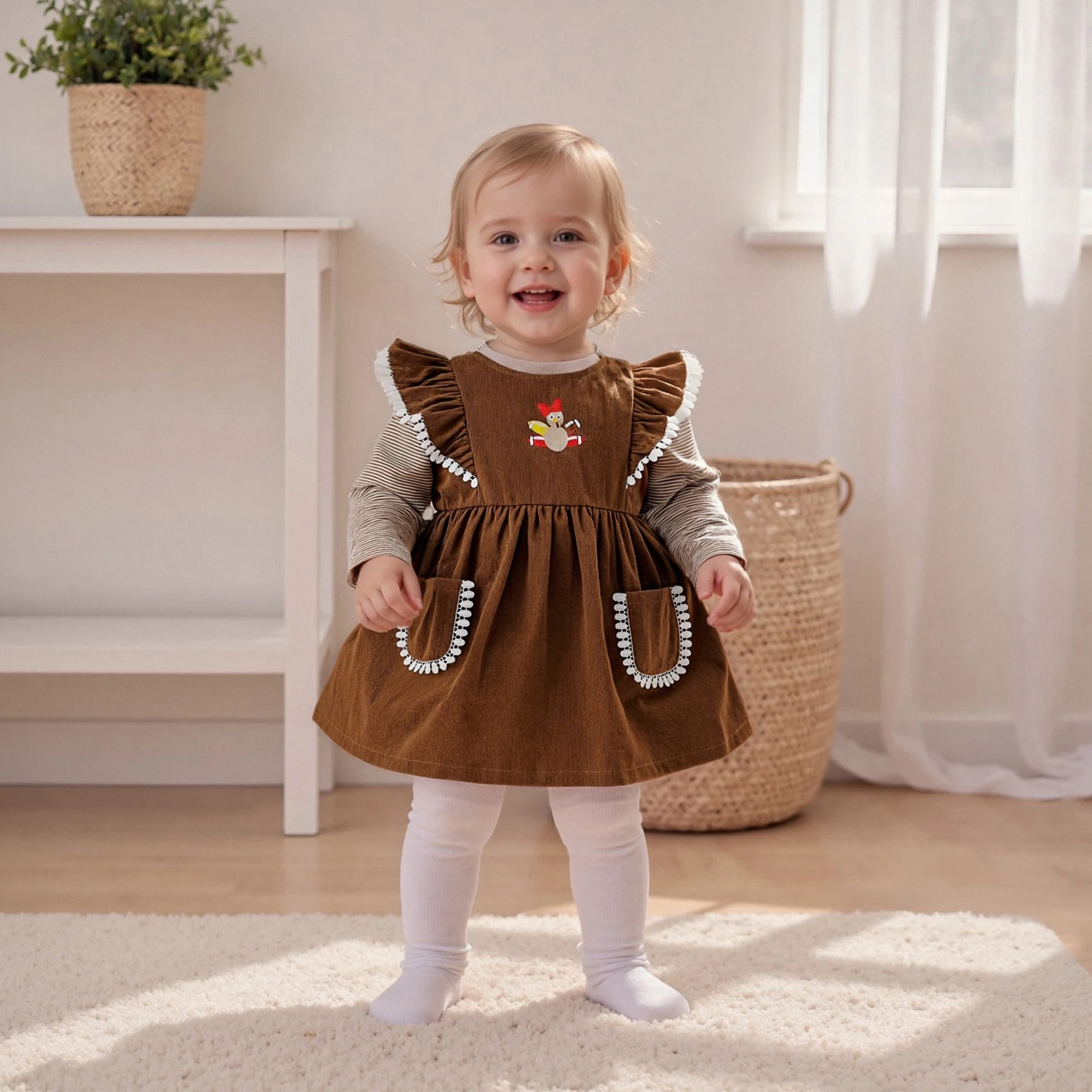 طقم ملابس للفتيات الصغيرات بأكمام طويلة وقمصان مخططة مع فستان بدون أكمام مطرز تركيا لعيد الشكر مكون من قطعتين #2