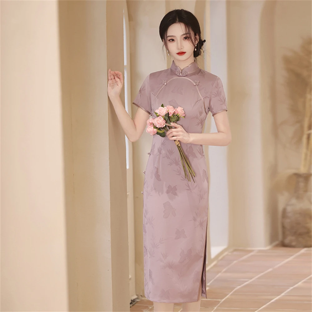 

Classical Temperament Purple Printed Cheongsam Slim Retro Improved Bride Wedding Engagement Qipao Vestido Oriental Banquet Dress