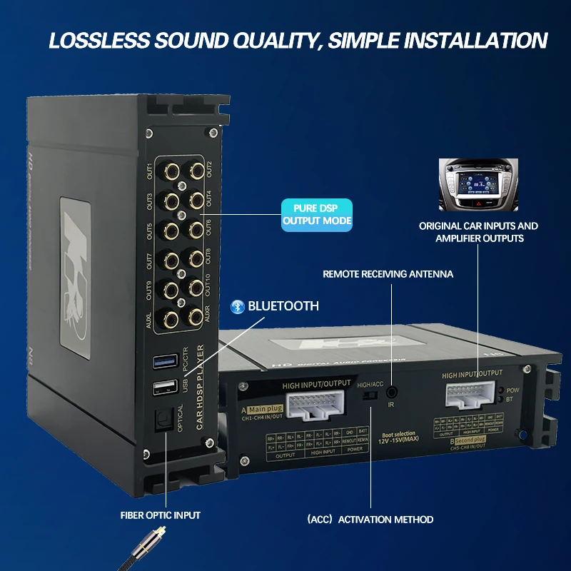 8-kanałowy wzmacniacz samochodowy o dużej mocy 2025 Wbudowany procesor 8*120W Peak Power Class AB Wzmacniacz samochodowy