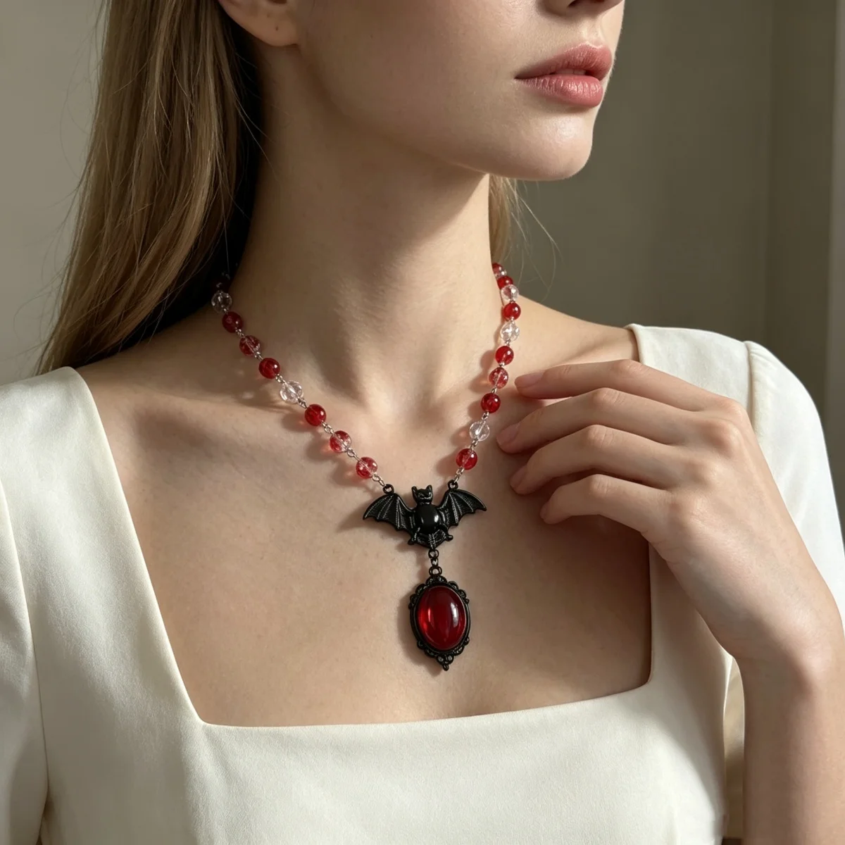 Kreative Gothic-Halskette mit rot-weißem Kristallperlen-Fledermaus-Anhänger für Damen und Herren, Halloween-Punk-Flugfledermaus-Choker, Cosplay-Party-Schmuck – Detail 7