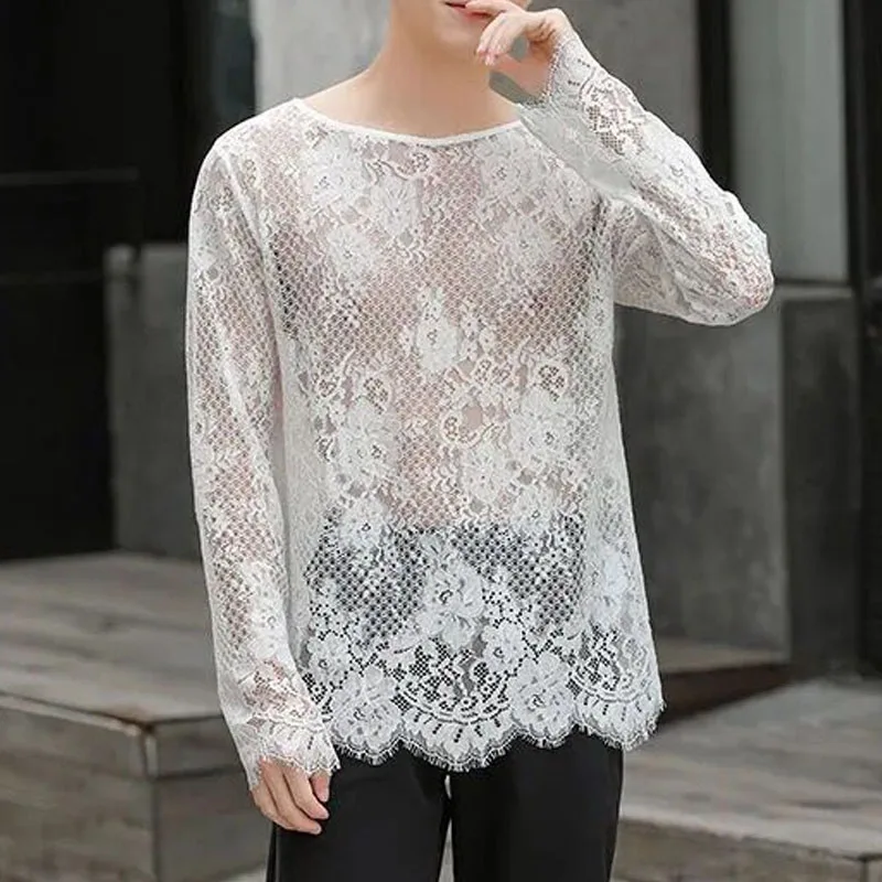 Man Lace T-shirt New Hollow Long Sleeve Bottoming Shirt Fashion Casual High Street Solid Color Men\'s Wear