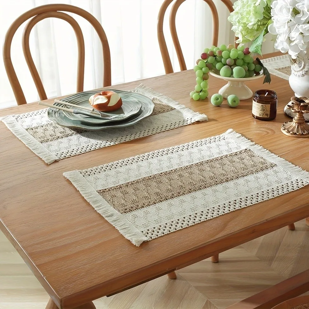 4pcs Bohemia Rectangle Table Mats with Tassel Heat Resistant Boho Burlap Placemats Non Slip Western Food Pad