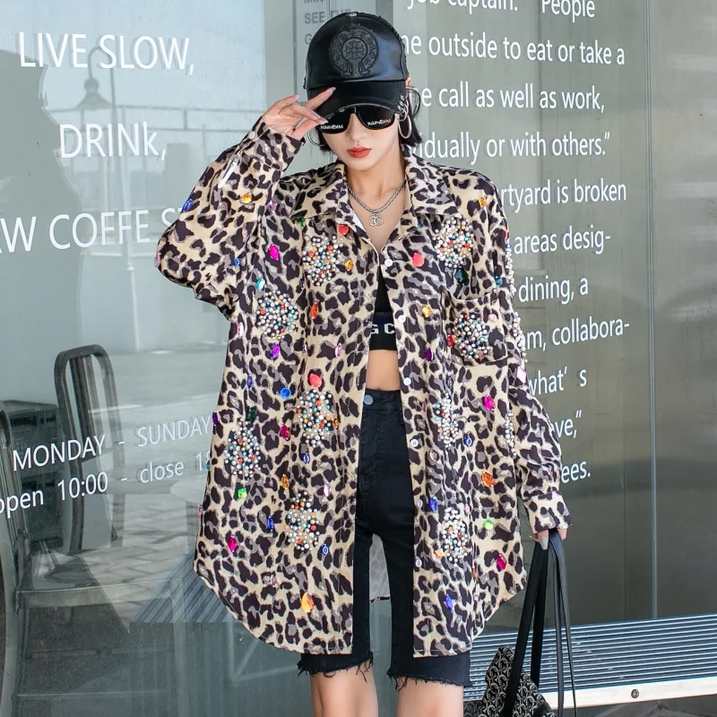 Harajuku Vintage Pearl Beaded Diamonds Leopard Print Thin Shirt Jacket Women Loose Casual Lapel Long Sleeve Female Jacket Coat