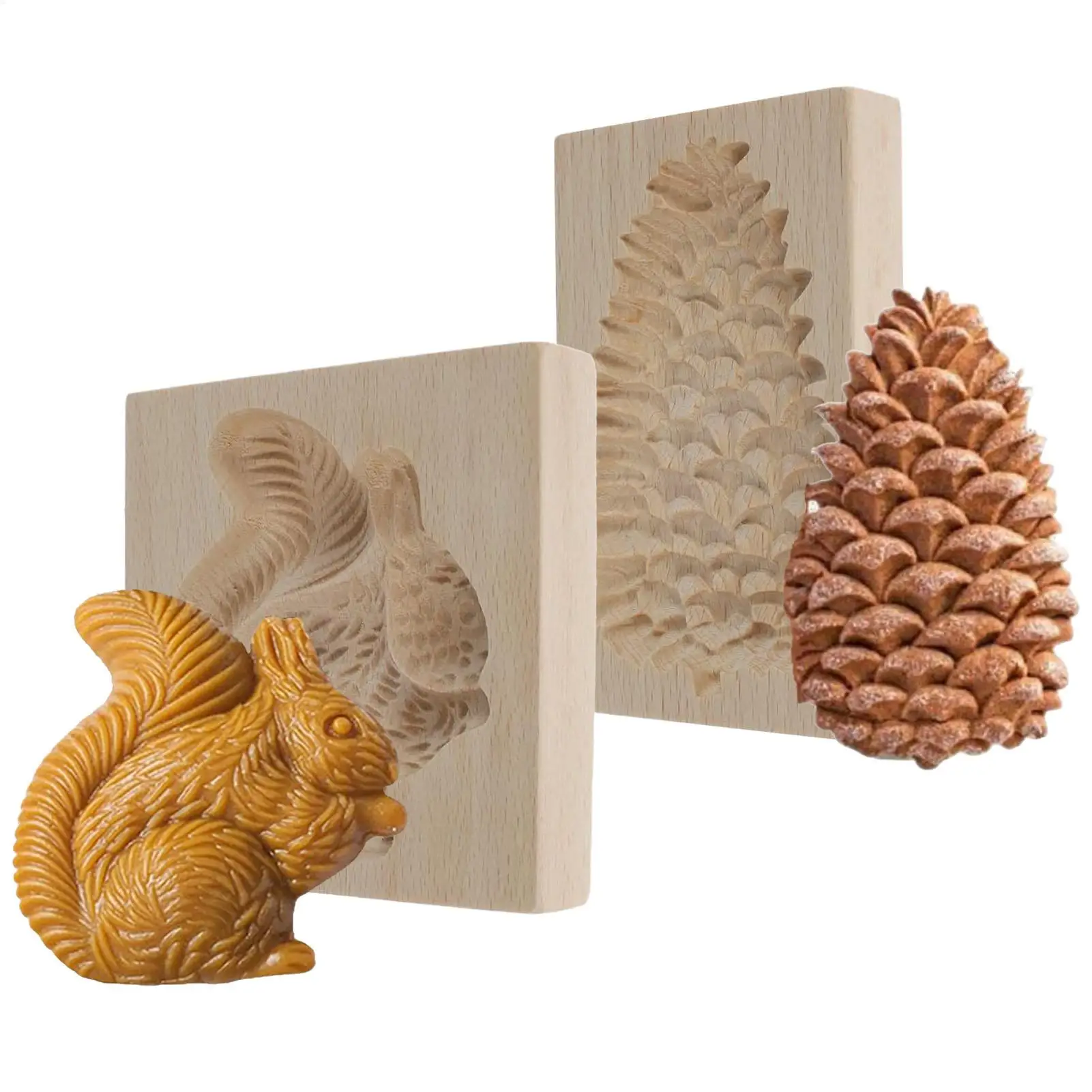 Wooden Cookie Molds 2 Pieces Reusable Cutter 3D Squirrel And Pine Cone Cookie Stamp Mold for Beginner Easter Halloween Christmas