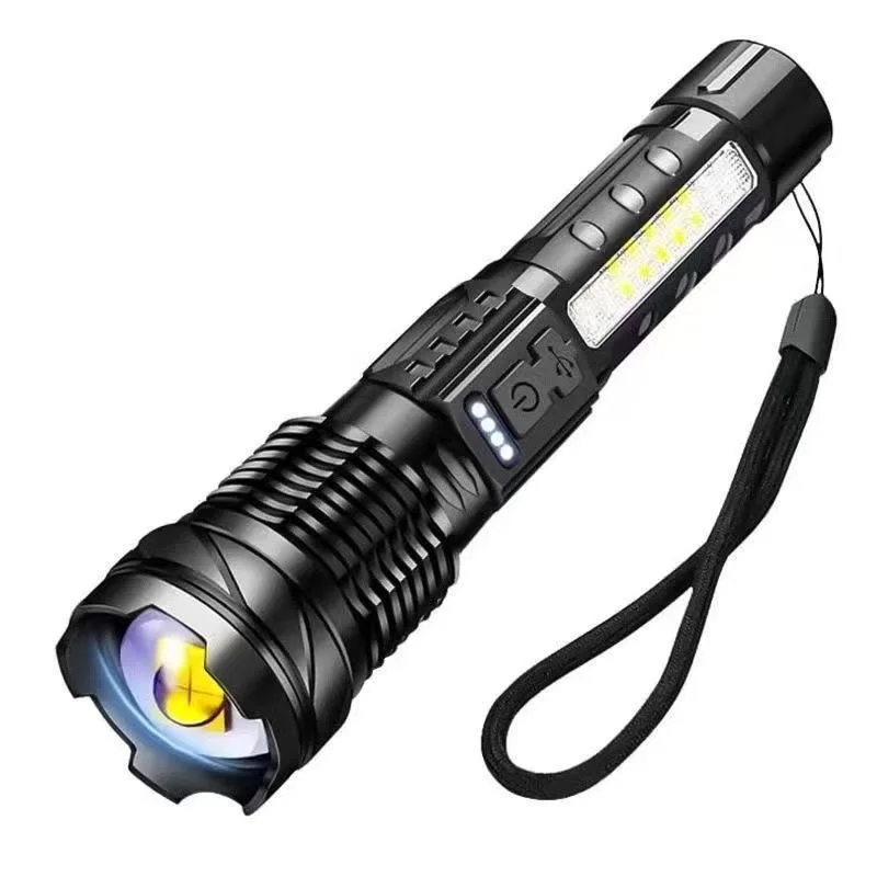 Laser telescopic zoom Rechargeable LED strong light flashlight home outdoor red and blue warning COB side light