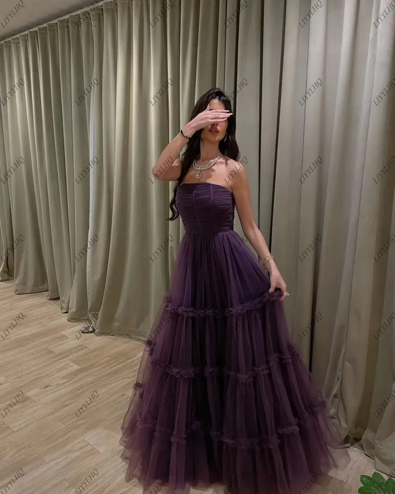 LIYYLHQ Purple Tulle Prom Dresses Strapless Sleeveless A Line Pleated Floor Length Formal Occasion Party Dresses Evening Gowns