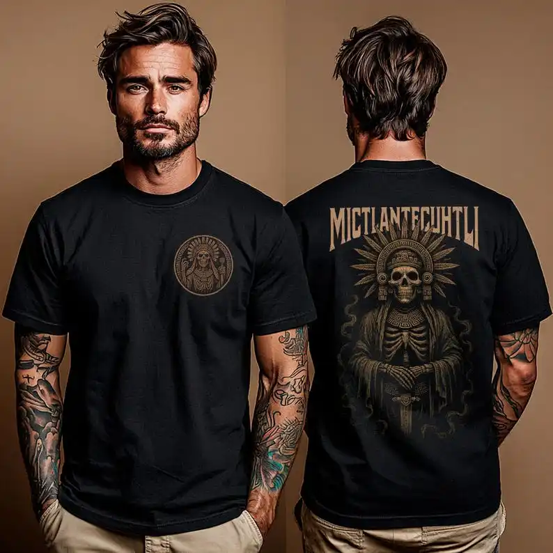 Mictlantecuhtli T-Shirt Aztec Death God Back Print Tee Gothic Mesoamerican Skull Design Mexican Mythology  T-shirt