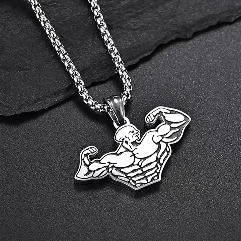 Stainless Steel Muscle Man Pendant Bodybuilder Necklace Men Women Gym Sports Charm Jewelry Accessories