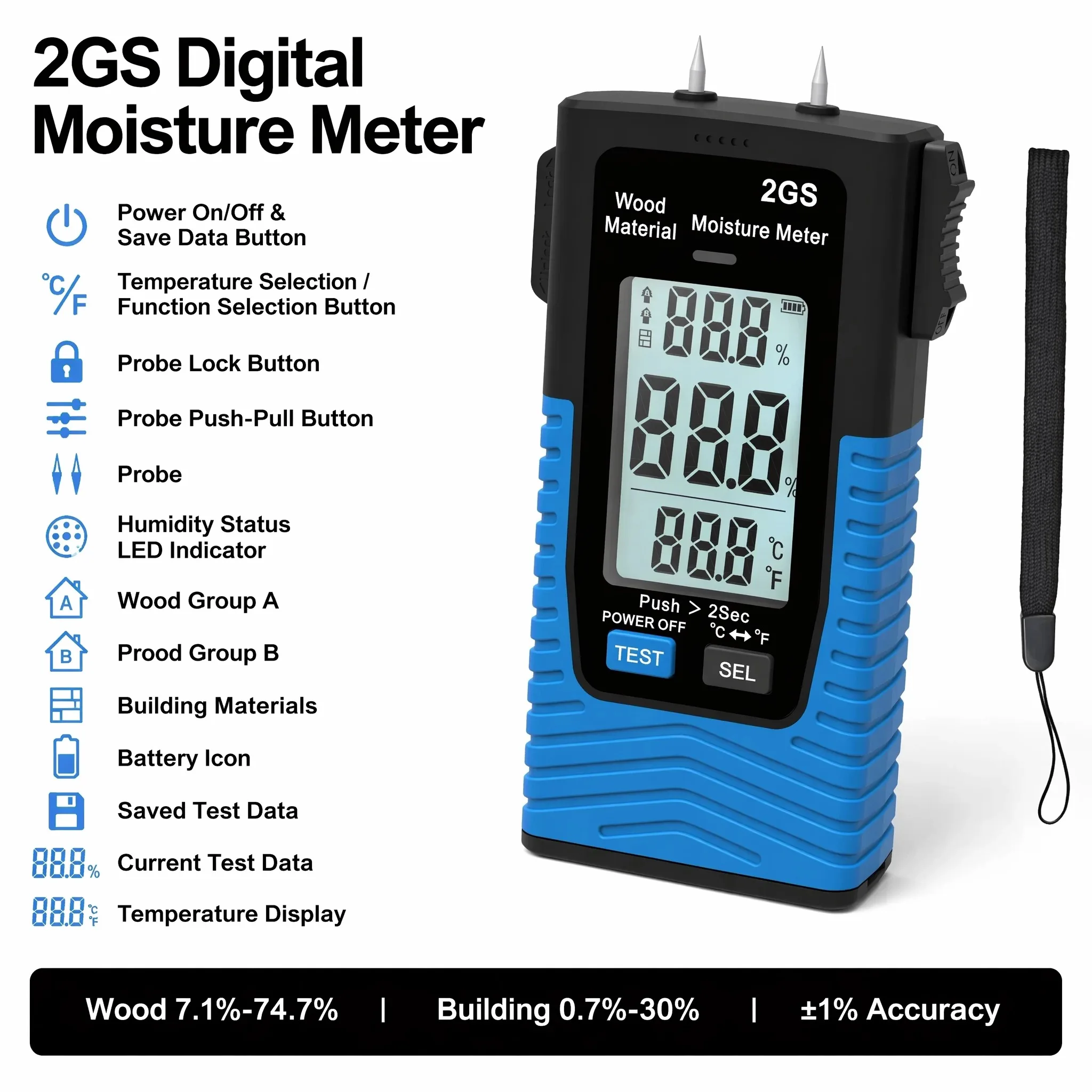 

2-Pin Probe HP-2GS Digital Moisture Meter Mini Portable 7.1%-74.7% withLCD Wood Humidity Tester for Building Materials/Wood