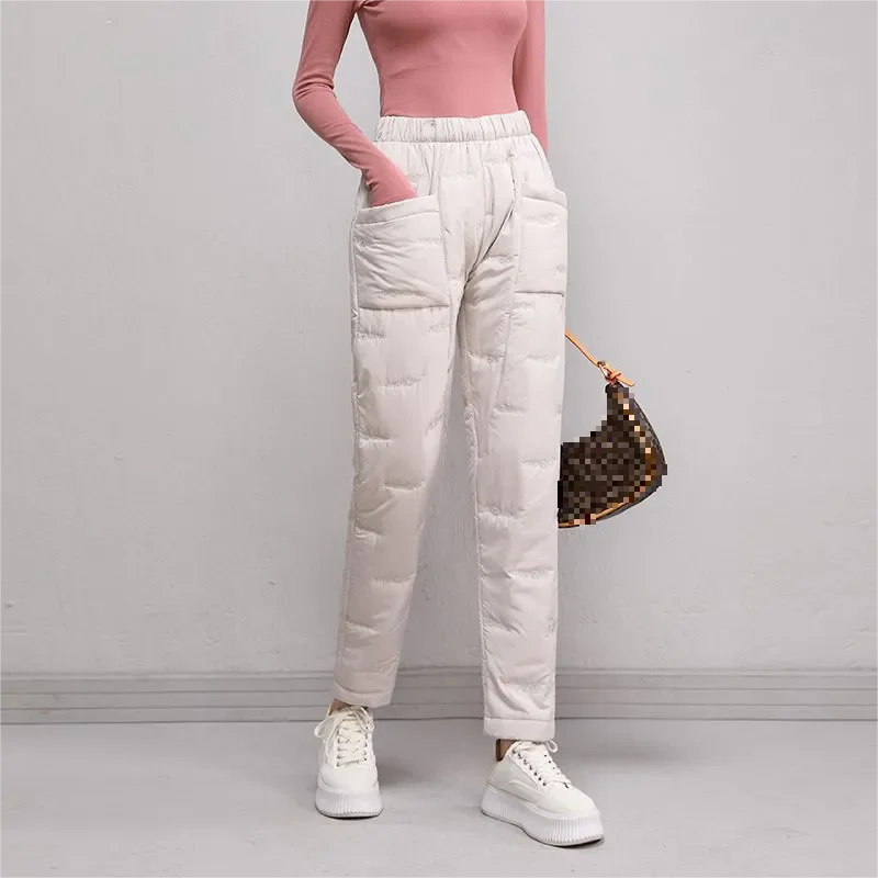 New women's down cotton pants Korean version slimming straight leg high waist thick cotton pants lightweight and warm pants