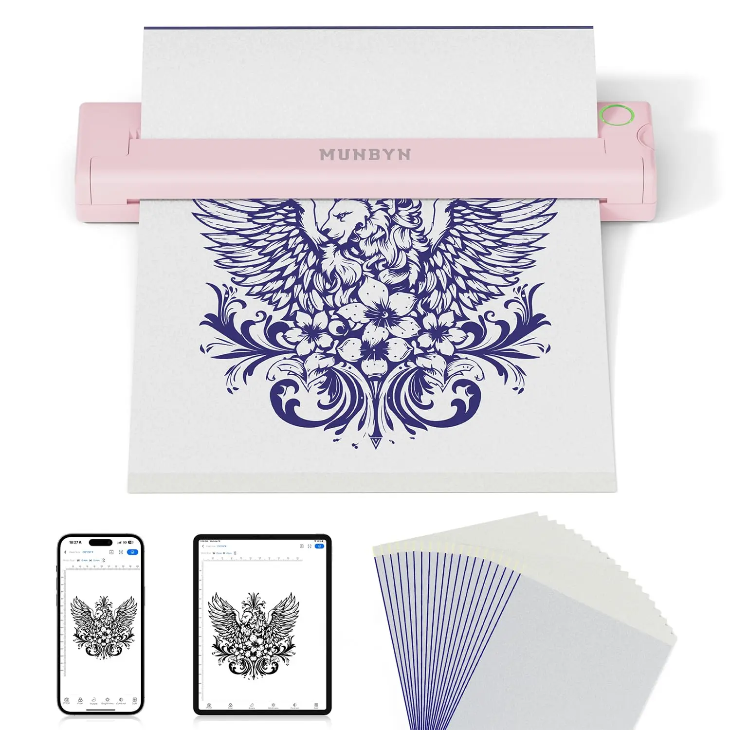 

Wireless Tattoo Stencil Printer with 20 Transfer Papers, Compatible Android iOS PC for Artists & Beginners in Pink