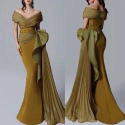 Customized Retro Fashion Jersey Sash Pleat Ruched Draped Mermaid Off-the-shoulder Long Dresses Cocktail Dresses Sizes Available