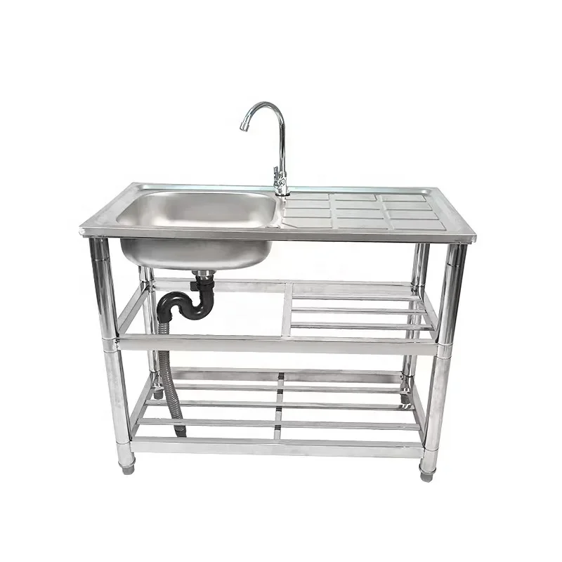 

Портативная уличная кухонная мойка для сада, отдельно стоящая, с полкой для хранения, раковина из нержавеющей стали с рабочим столом