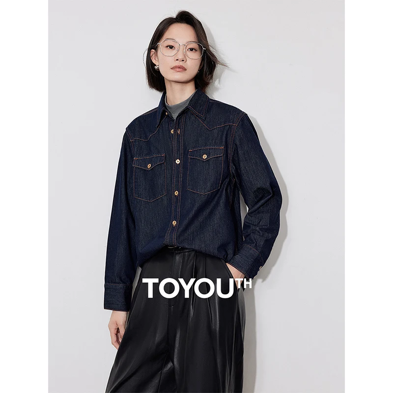 TOYOUTH Women Denim Blouse Shirt 2024 Autumn New Long Sleeved Turn Down Collar Steetwear Fashion Shirt Tops