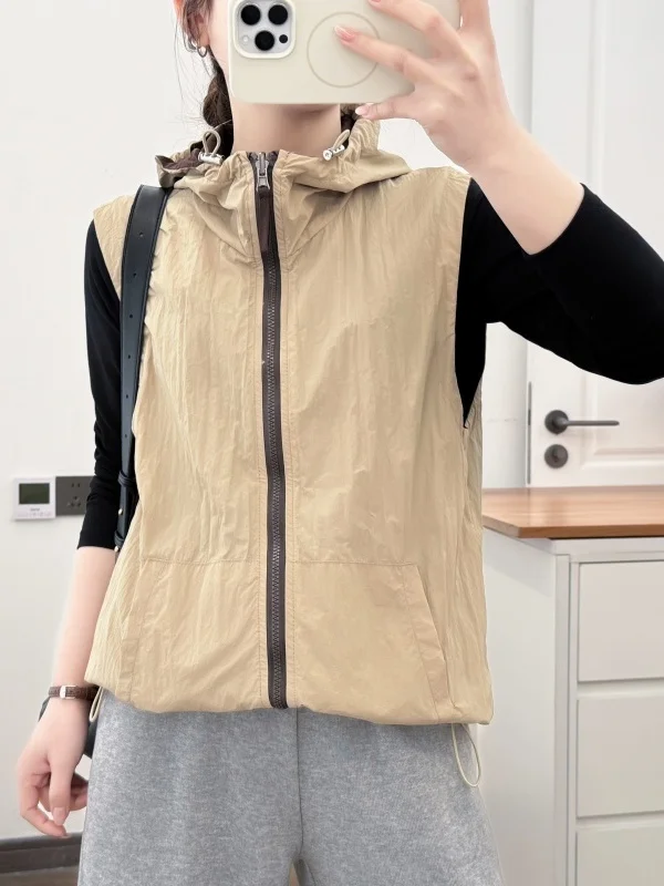 Korean Style Zipper Hooded Vest Large Size Women's Spring Loose Slimming Two-Sided Wear Color Collision Vest Sleeveless Jacket