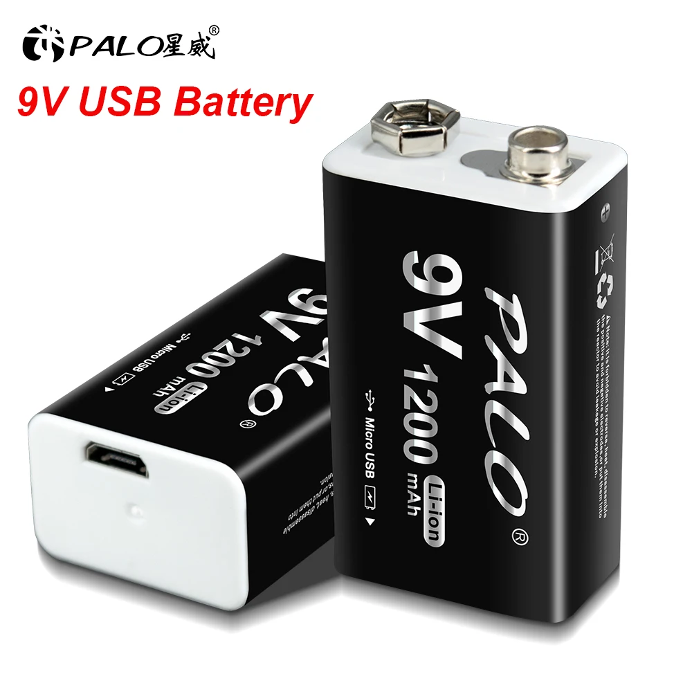 PALO 9V 1200mAh Li-Ion Battery USB Rechargeable 6F22 9V Batteries 9 volts Constant Voltage Bateria for Multimeter Metal Detector