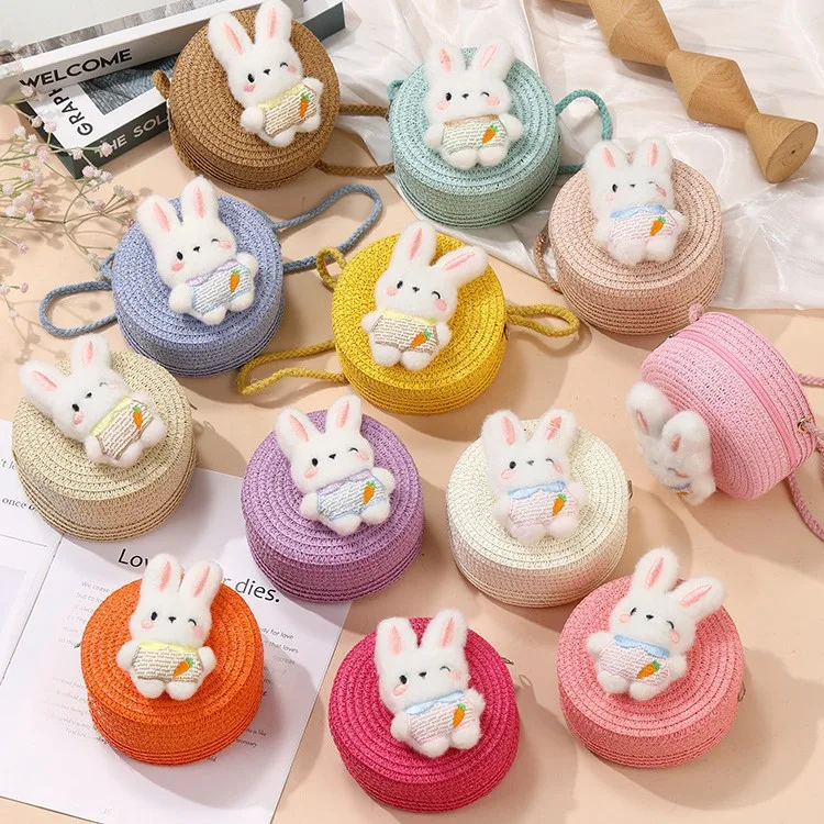 Simpatica bambola di peluche per bambini Borse a tracolla in paglia Borsa a tracolla per vacanze al mare per ragazze Estate Borse rotonde per bambini piccoli Portamonete