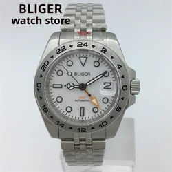 BLIGER 40mm 43mm white dial NH34A (GMT)DG3804(GMT) Automatic Men's Watch Stainless steel Bracelet Sapphire glass Green luminous