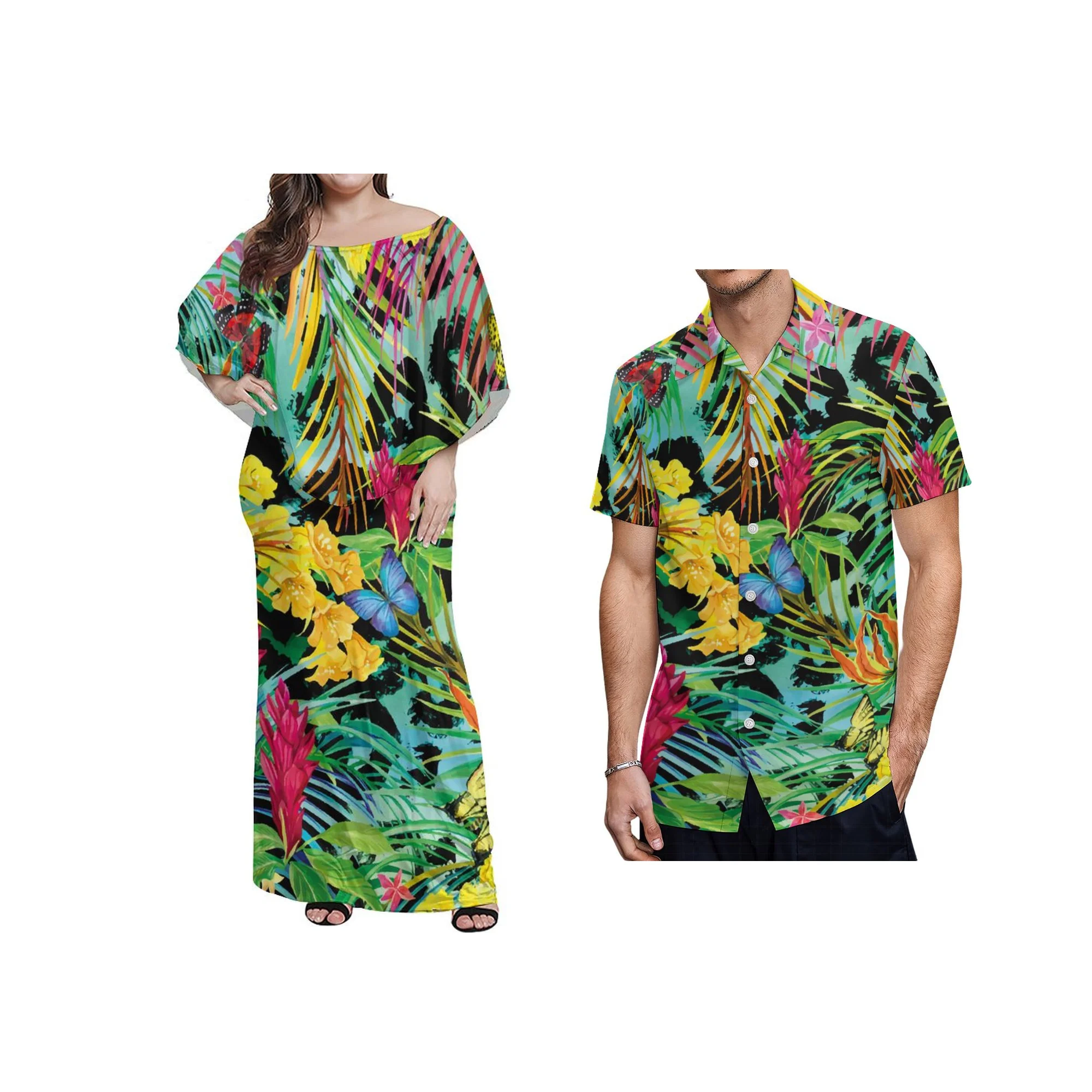 Custom Pattern Hawaii Flowers Style Sublimation Print Ruffle Dress Pacific Heritage Top Quality Anti-Static Off Shoulder Dresses